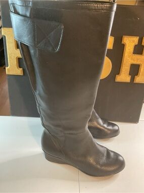 Taryn Rose Black Leather Knee-High Wedge Boots